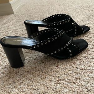 Saint Laurent Loulou black suede silver eyelet trim slide sandals